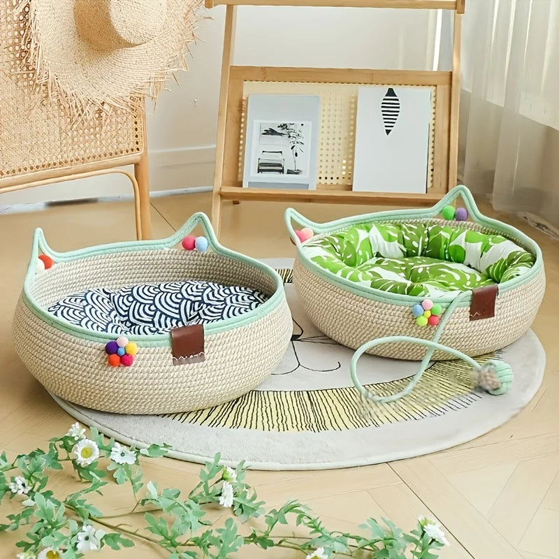 Handwoven Rattan Round Cat Bed Cooling Scratching Basket