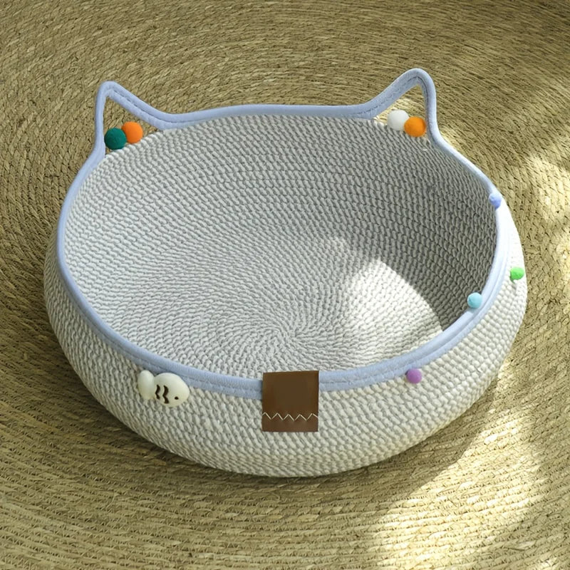 Handwoven Rattan Round Cat Bed Cooling Scratching Basket