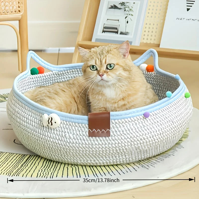 Handwoven Rattan Round Cat Bed Cooling Scratching Basket