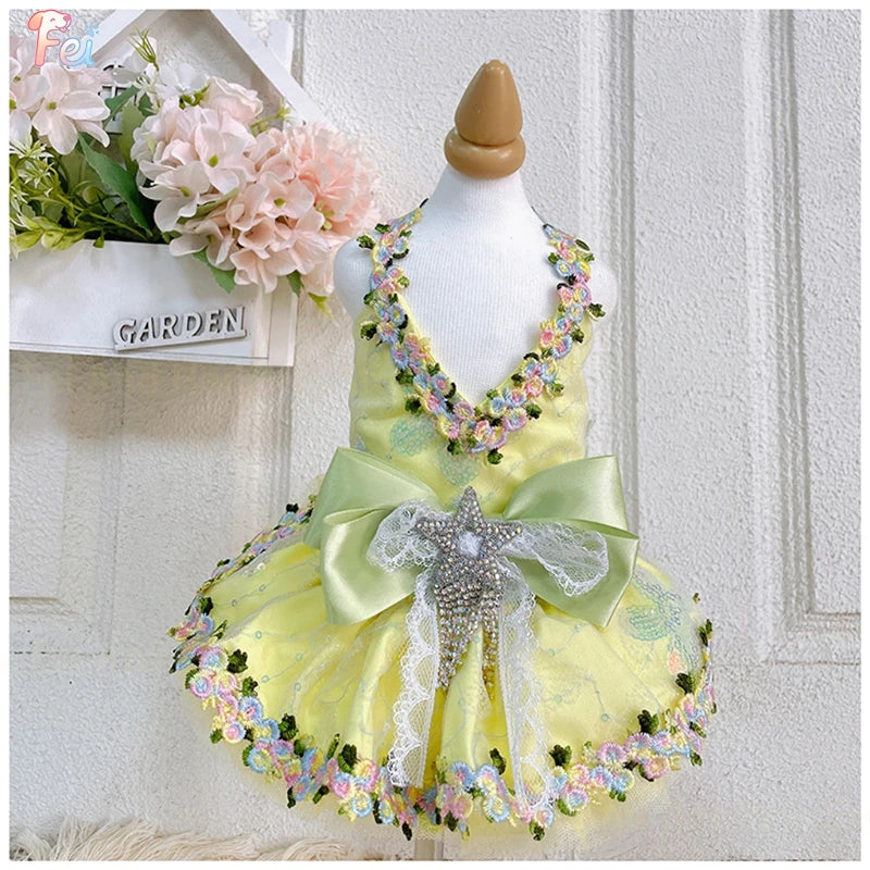Yellow Floral Bow Princess Dress for Small Dogs