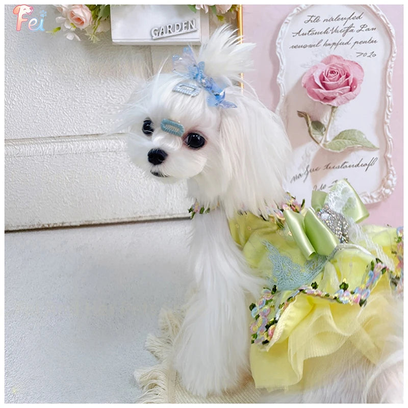 Yellow Floral Bow Princess Dress for Small Dogs
