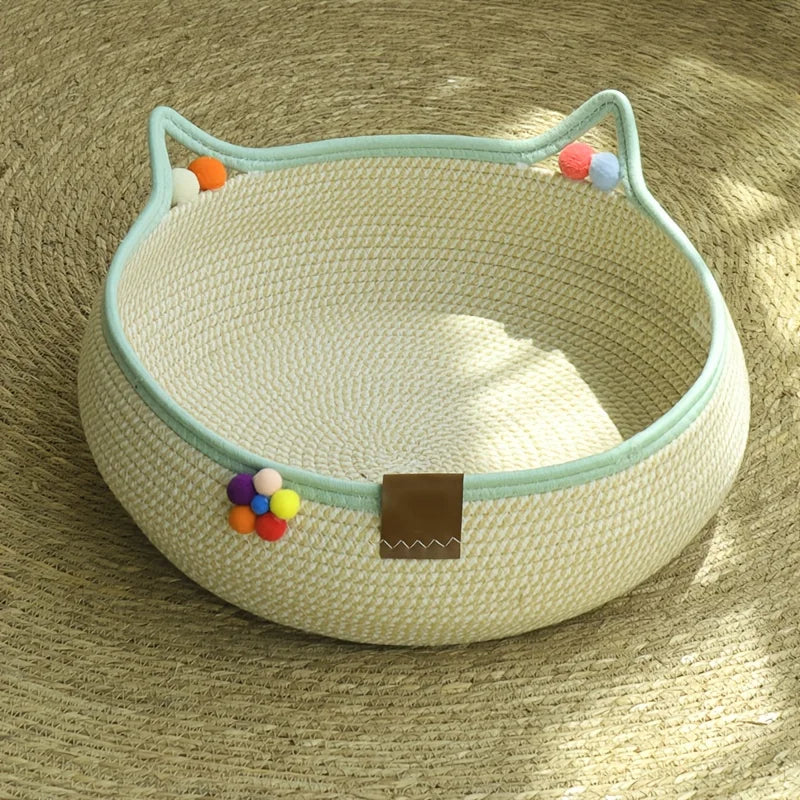 Handwoven Rattan Round Cat Bed Cooling Scratching Basket