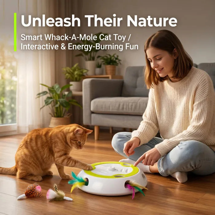 Interactive Motion Activated Whack-A-Mole Cat Toy with Feathers