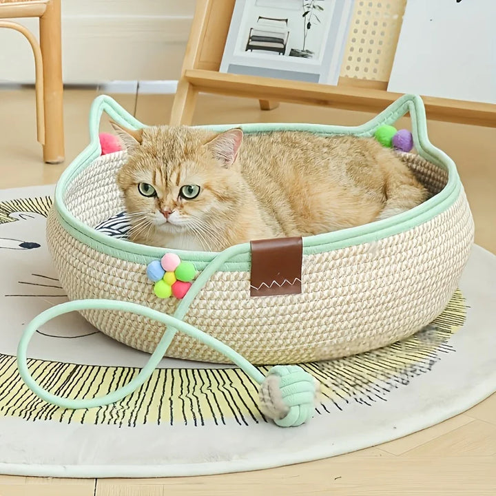 Handwoven Rattan Round Cat Bed Cooling Scratching Basket