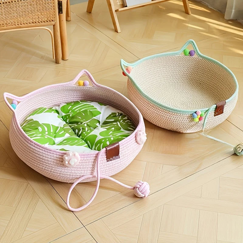 Handwoven Rattan Round Cat Bed Cooling Scratching Basket