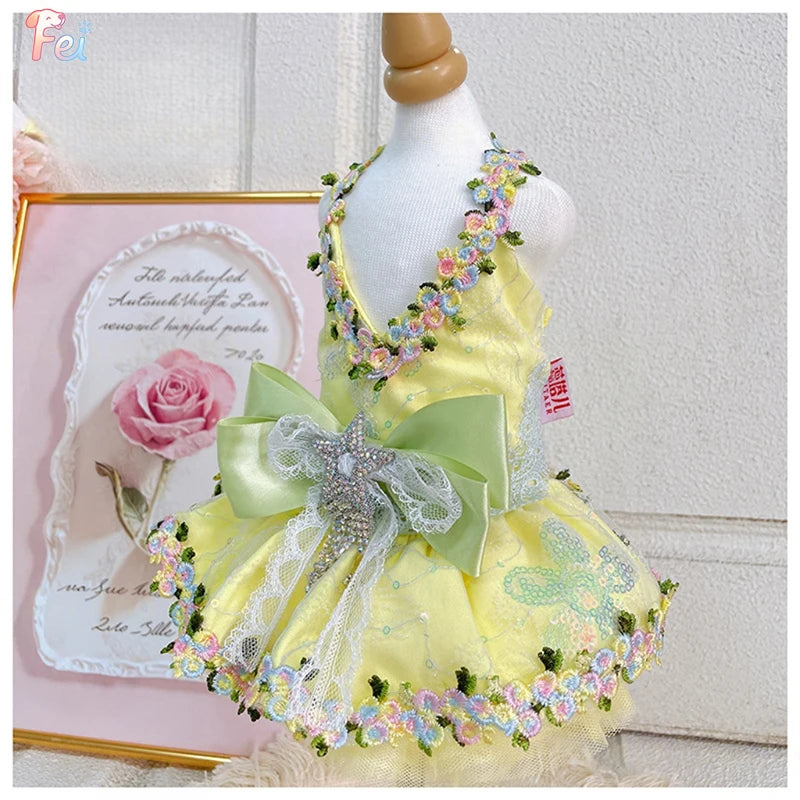 Yellow Floral Bow Princess Dress for Small Dogs