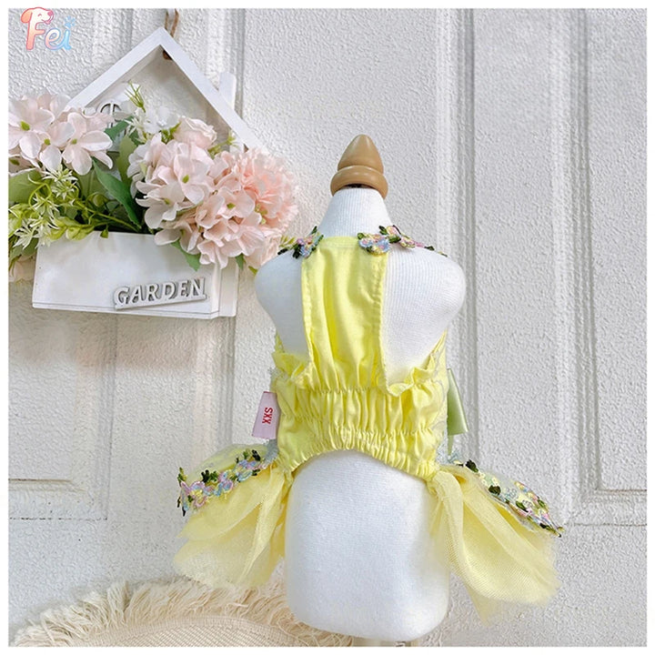 Yellow Floral Bow Princess Dress for Small Dogs