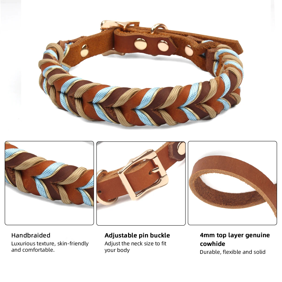 Genuine Leather Braided Nylon Dog Collar for Large Dogs