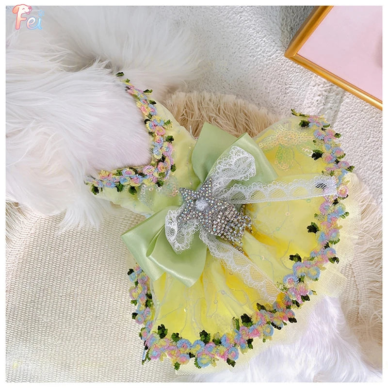 Yellow Floral Bow Princess Dress for Small Dogs