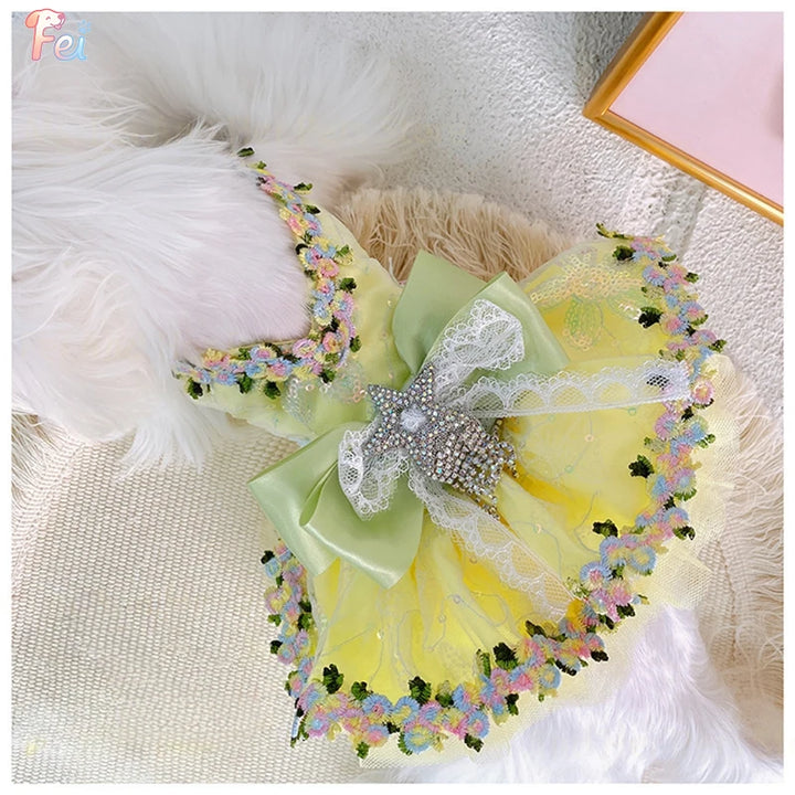 Yellow Floral Bow Princess Dress for Small Dogs