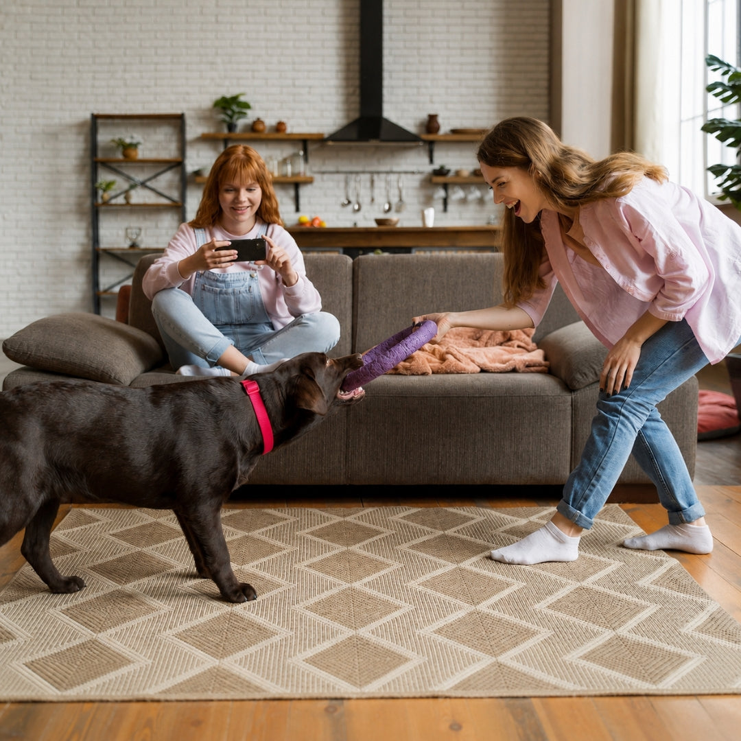 A woman and a woman sit on a gray sofa in a bright living room while a black dog plays with a purple tug-of-war toy on a patterned beige rug. The woman on the right wears a light pink button-up shirt and blue jeans, and the woman on the left wears a pink top and light blue denim overalls.